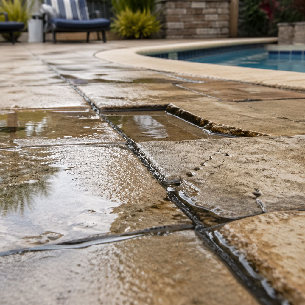 water leaking from underneath pool paving